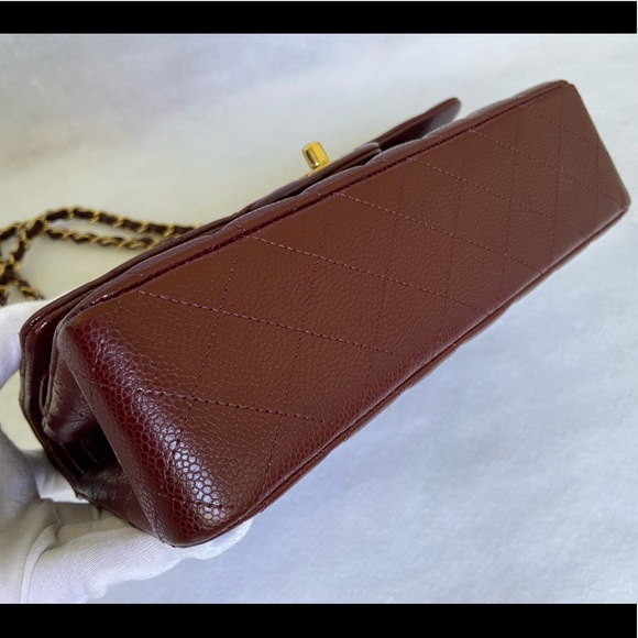 SOLD 15B CHANEL Classic Medium Double Flap Burgundy Caviar Brush Matte Gold HWR - Picture 9 of 16